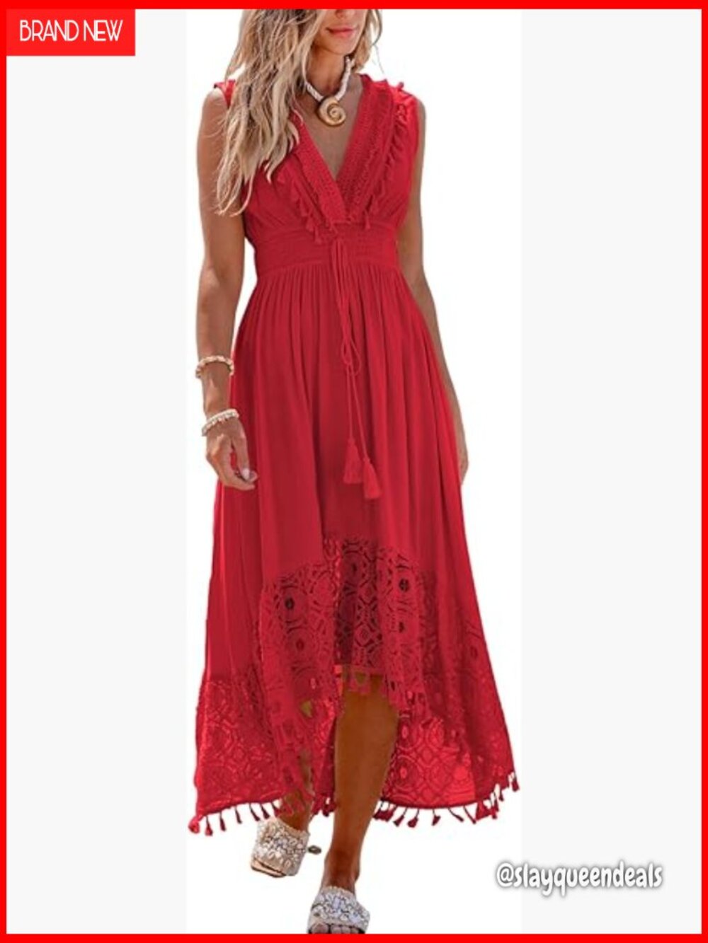 Red V-Neck Lace Hem Maxi Dress - Women - Picture 1 of 4